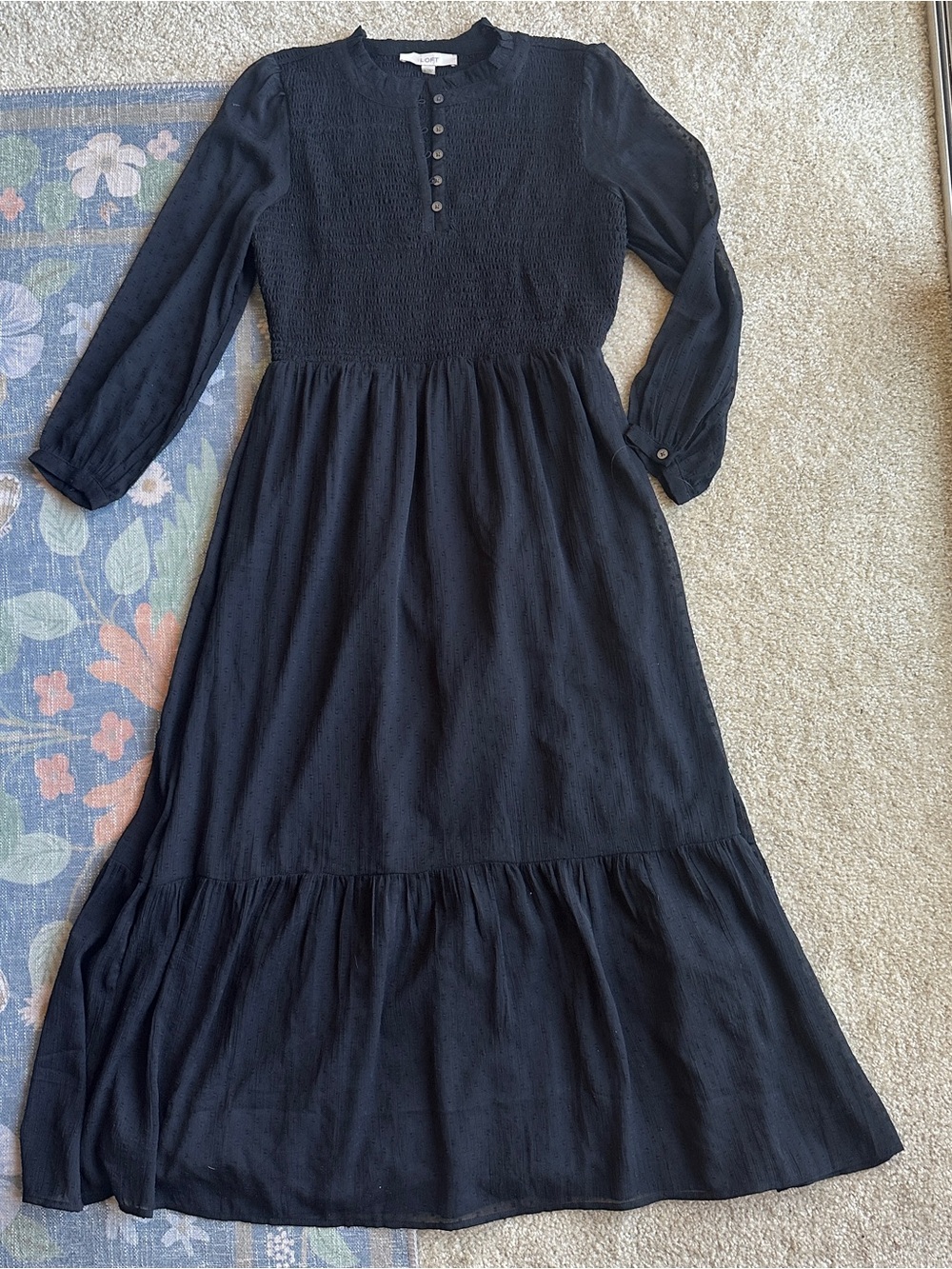 LOFT Black Long-Sleeve Maxi Dress with Smocked Bodice